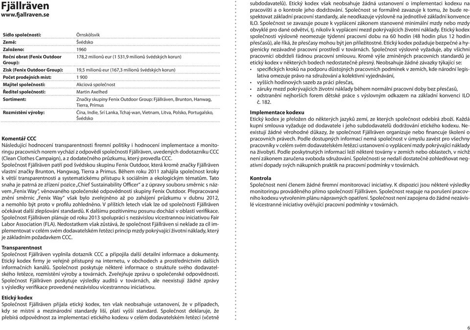 švédských korun) Počet prodejních míst: 1 900 Akciová společst Martin Axelhed Značky skupiny Fenix Outdoor Group: Fjällräven, Brunton, Hanwag, Tierra, Primus Čína, Indie, Srí Lanka, Tchaj-wan,