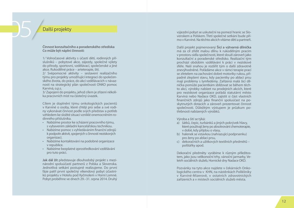 2/ Svépomocné aktivity sestavení realizačního týmu pro projekty umožňující integraci do společenského života, do práce, do akcí vzdělávacích v návaznosti na strategický plán společnosti ONKO pomoc