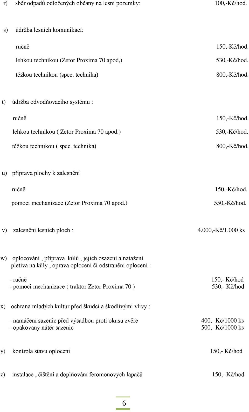 ) 150,-Kč/hod. 550,-Kč/hod. v) zalesnění lesních ploch : 4.000,-Kč/1.