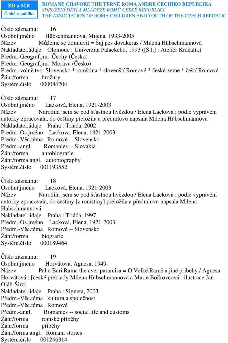 číslo 000084204 Číslo záznamu: 17 Osobní jméno Lacková, Elena, 1921-2003 Název Narodila jsem se pod šťastnou hvězdou / Elena Lacková ; podle vyprávění autorky zpracovala, do češtiny přeložila a