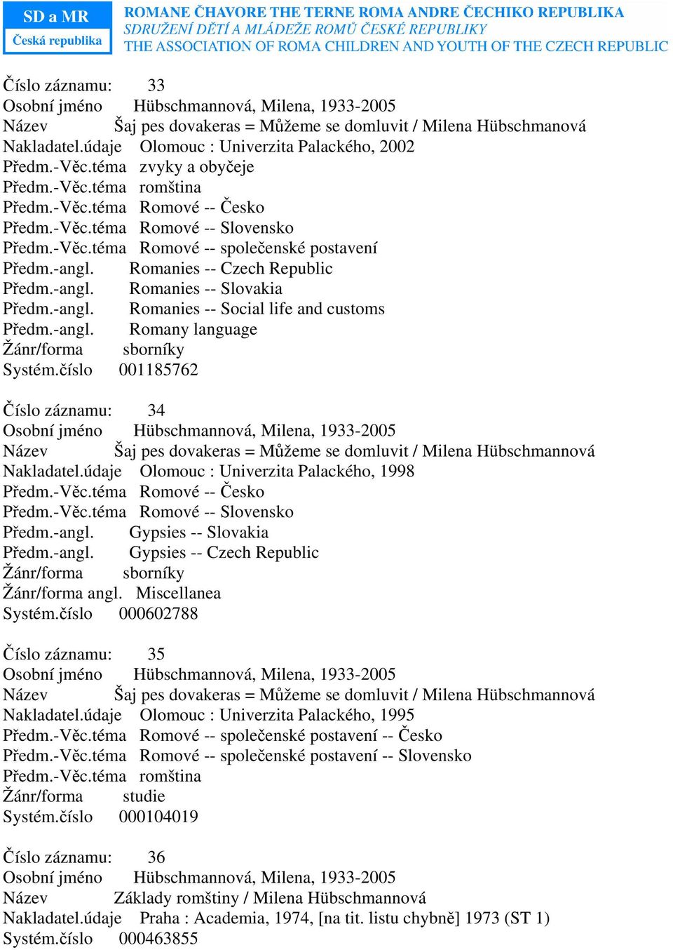 -angl. Romany language Žánr/forma sborníky Systém.číslo 001185762 Číslo záznamu: 34 Název Šaj pes dovakeras = Můžeme se domluvit / Milena Hübschmannová Nakladatel.