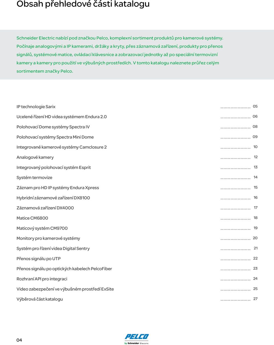 kamery a kamery pro použití ve výbušných prostředích. V tomto katalogu naleznete průřez celým sortimentem značky Pelco. IP technologie Sarix Ucelené řízení HD videa systémem Endura 2.