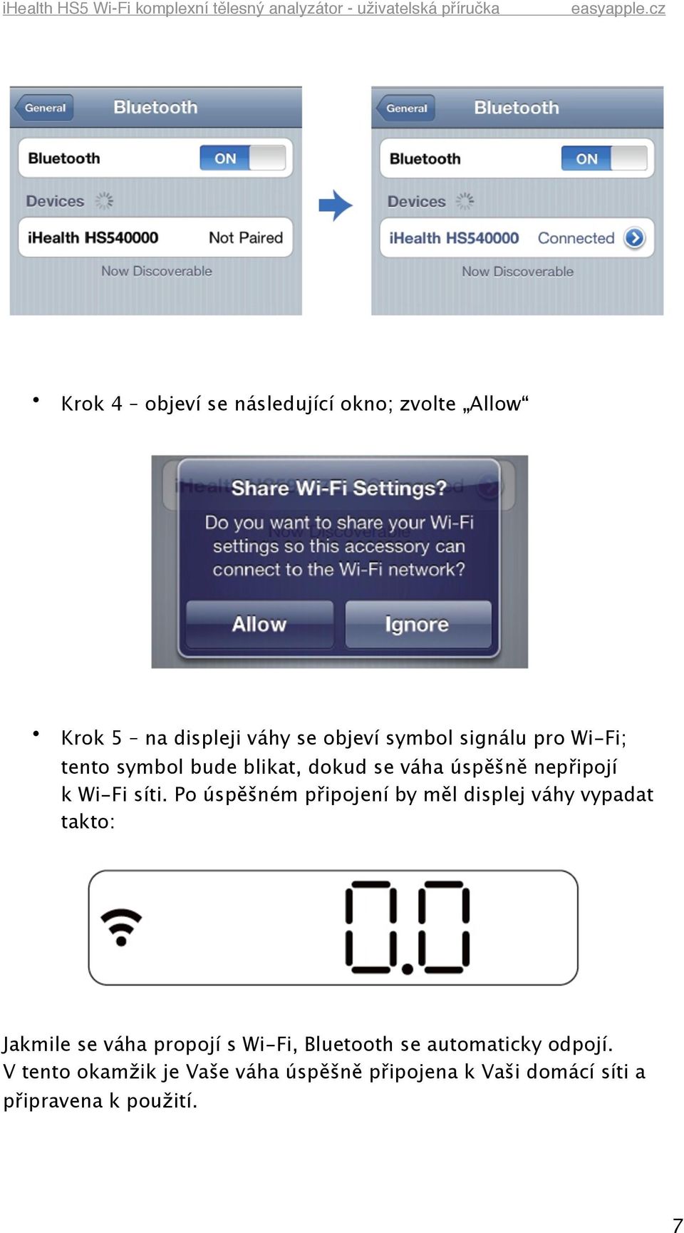 Po úspěšném připojení by měl displej váhy vypadat takto: Jakmile se váha propojí s Wi-Fi,