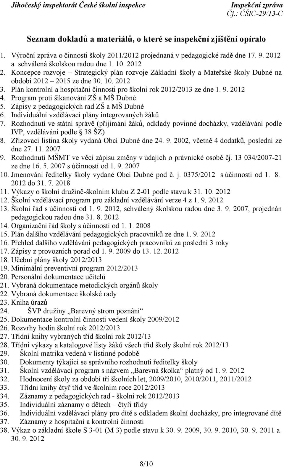 Plán kontrolní a hospitační činnosti pro školní rok 2012/2013 ze dne 1. 9. 2012 4. Program proti šikanování ZŠ a MŠ Dubné 5. Zápisy z pedagogických rad ZŠ a MŠ Dubné 6.