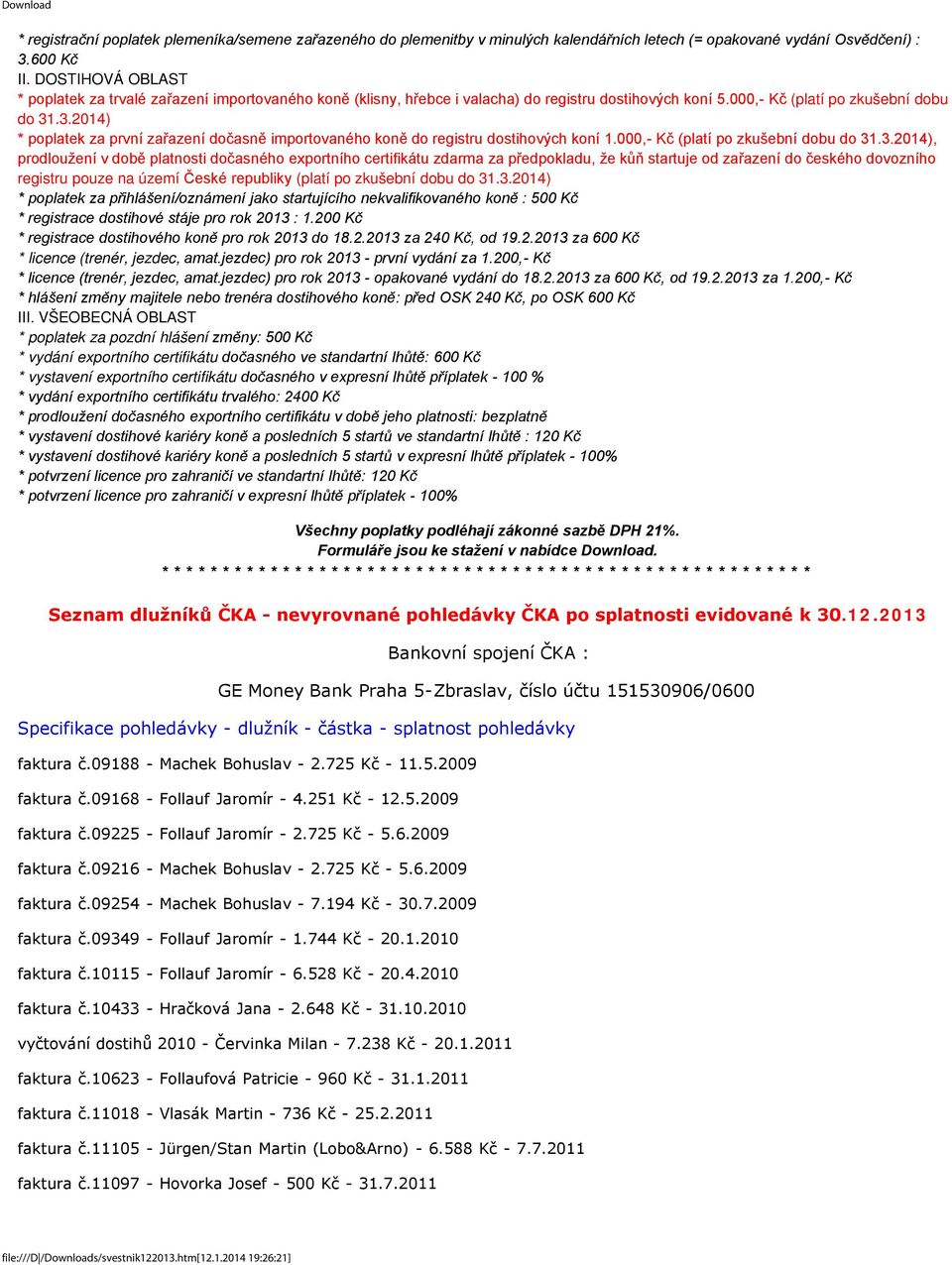 .3.2014) * poplatek za první zařazení dočasně importovaného koně do registru dostihových koní 1.000,- Kč (platí po zkušební dobu do 31.3.2014), prodloužení v době platnosti dočasného exportního