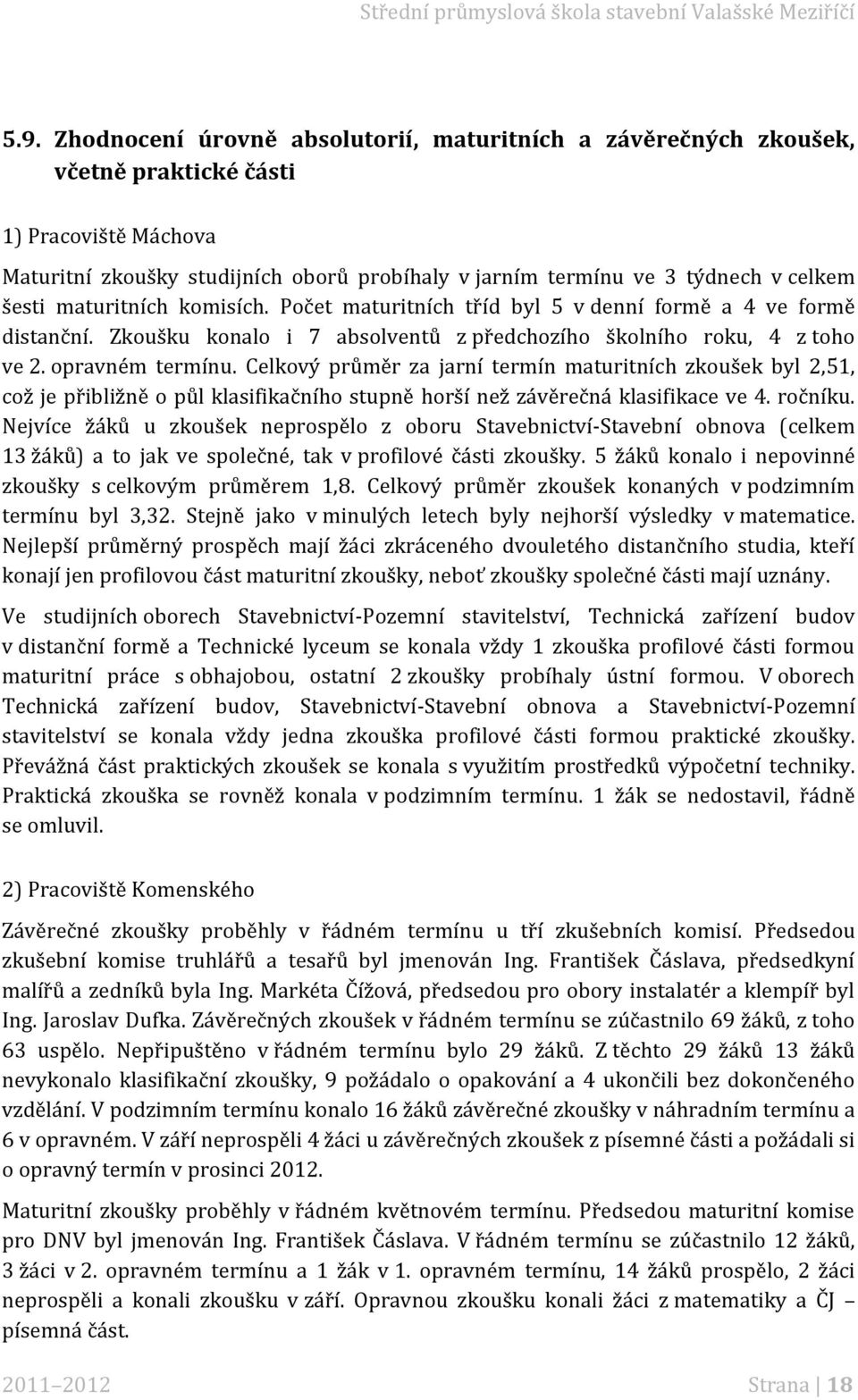 Celkový průměr za jarní termín maturitních zkoušek byl 2,5, což je přibližně o půl klasifikačního stupně horší než závěrečná klasifikace ve 4. ročníku.