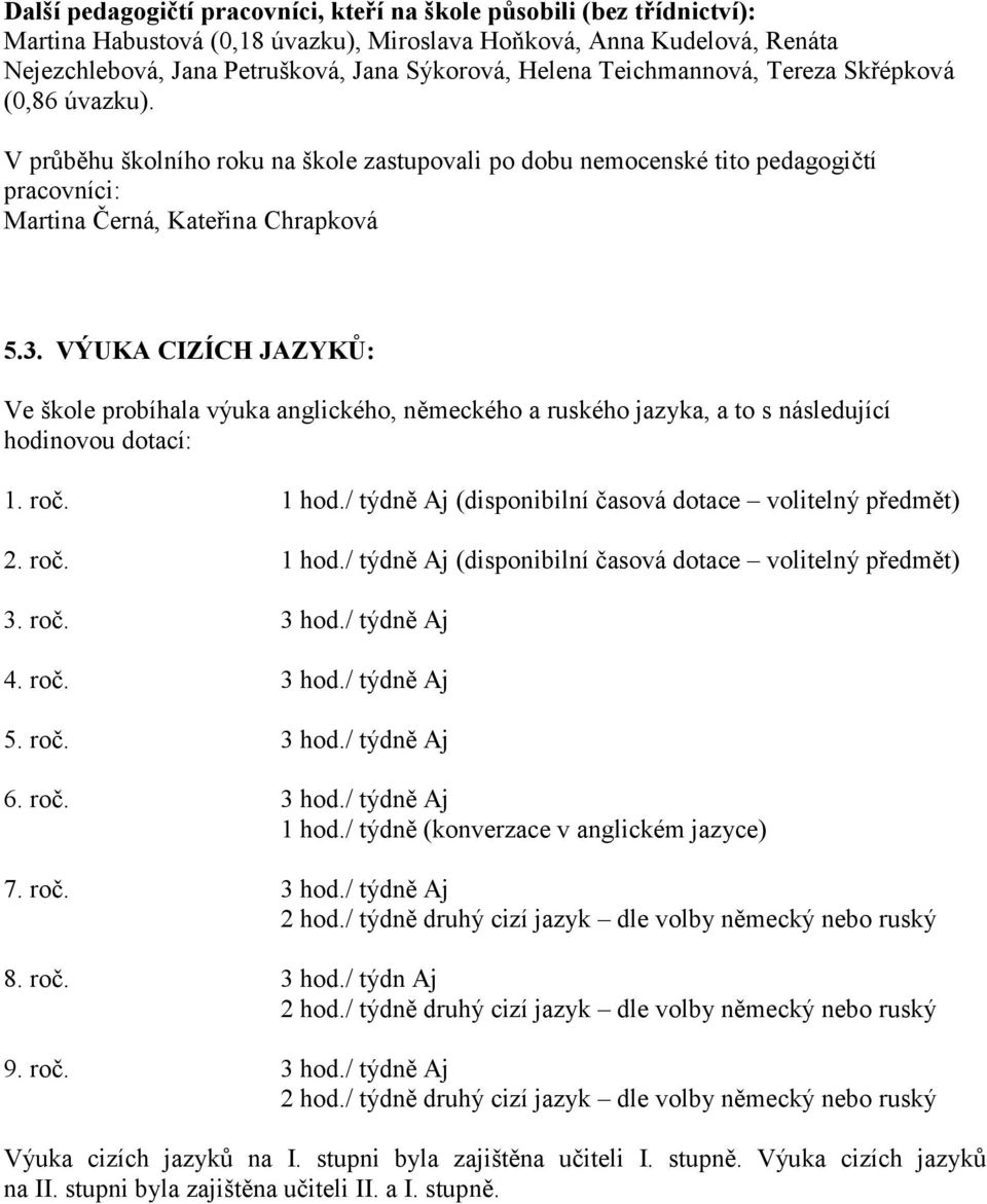 VÝUKA CIZÍCH JAZYKŮ: Ve škole probíhala výuka anglického, německého a ruského jazyka, a to s následující hodinovou dotací: 1. roč. 1 hod./ týdně Aj (disponibilní časová dotace volitelný předmět) 2.