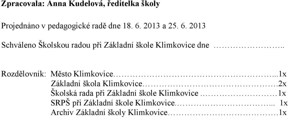 . Rozdělovník: Město Klimkovice...1x Základní škola Klimkovice.