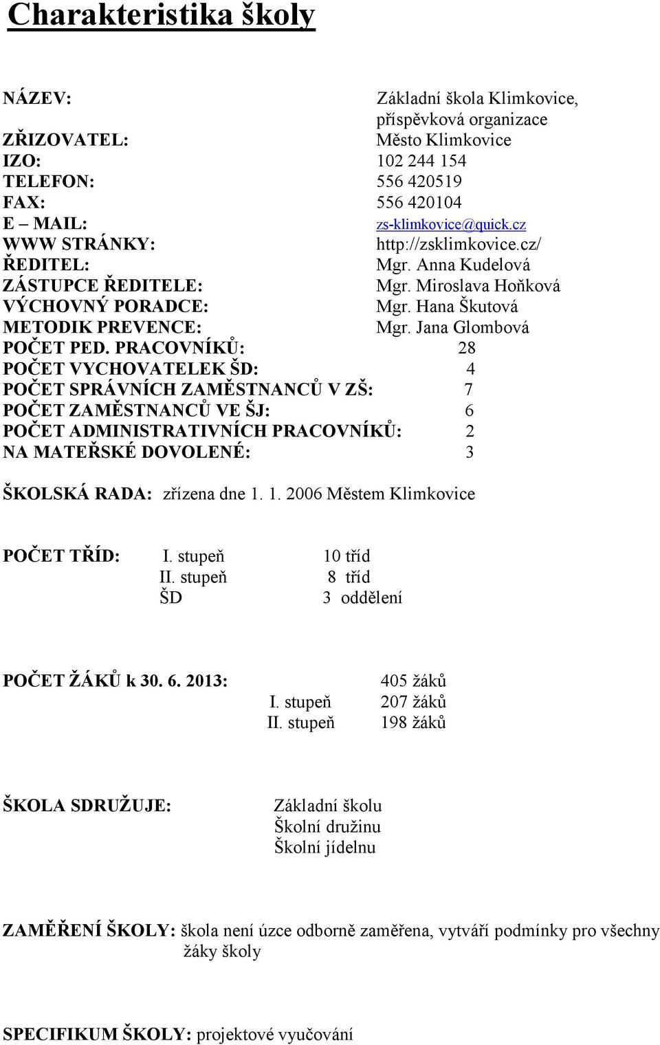 PRACOVNÍKŮ: 28 POČET VYCHOVATELEK ŠD: 4 POČET SPRÁVNÍCH ZAMĚSTNANCŮ V ZŠ: 7 POČET ZAMĚSTNANCŮ VE ŠJ: 6 POČET ADMINISTRATIVNÍCH PRACOVNÍKŮ: 2 NA MATEŘSKÉ DOVOLENÉ: 3 ŠKOLSKÁ RADA: zřízena dne 1.