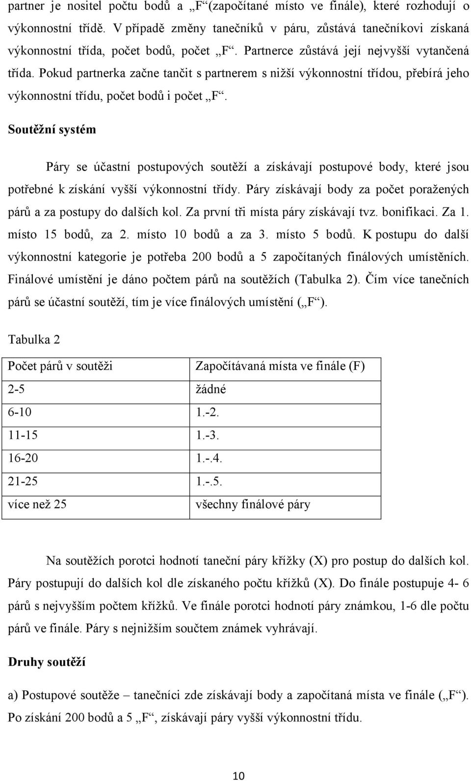 Pokud partnerka začne tančit s partnerem s nižší výkonnostní třídou, přebírá jeho výkonnostní třídu, počet bodů i počet F.