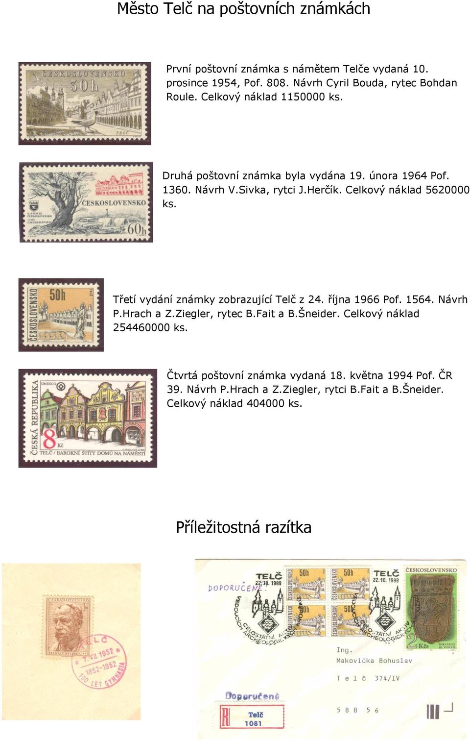 Třetí vydání známky zobrazující Telč z 24. října 1966 Pof. 1564. Návrh P.Hrach a Z.Ziegler, rytec B.Fait a B.Šneider. Celkový náklad 254460000 ks.