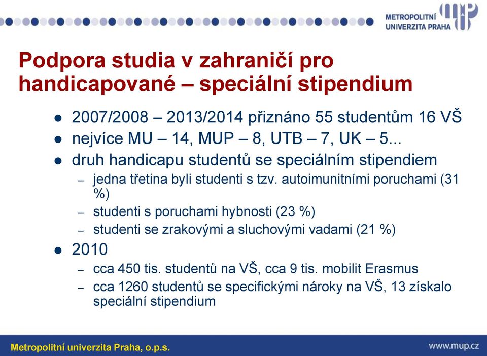 autoimunitními poruchami (31 %) studenti s poruchami hybnosti (23 %) studenti se zrakovými a sluchovými vadami (21 %) 2010