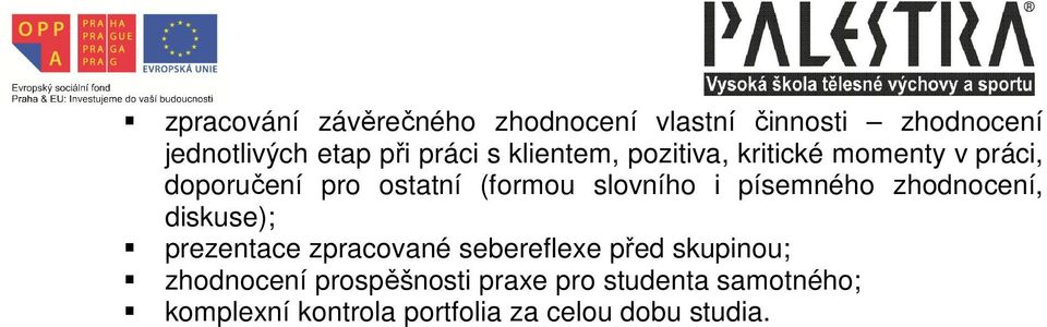 písemného zhodnocení, diskuse); prezentace zpracované sebereflexe před skupinou; zhodnocení