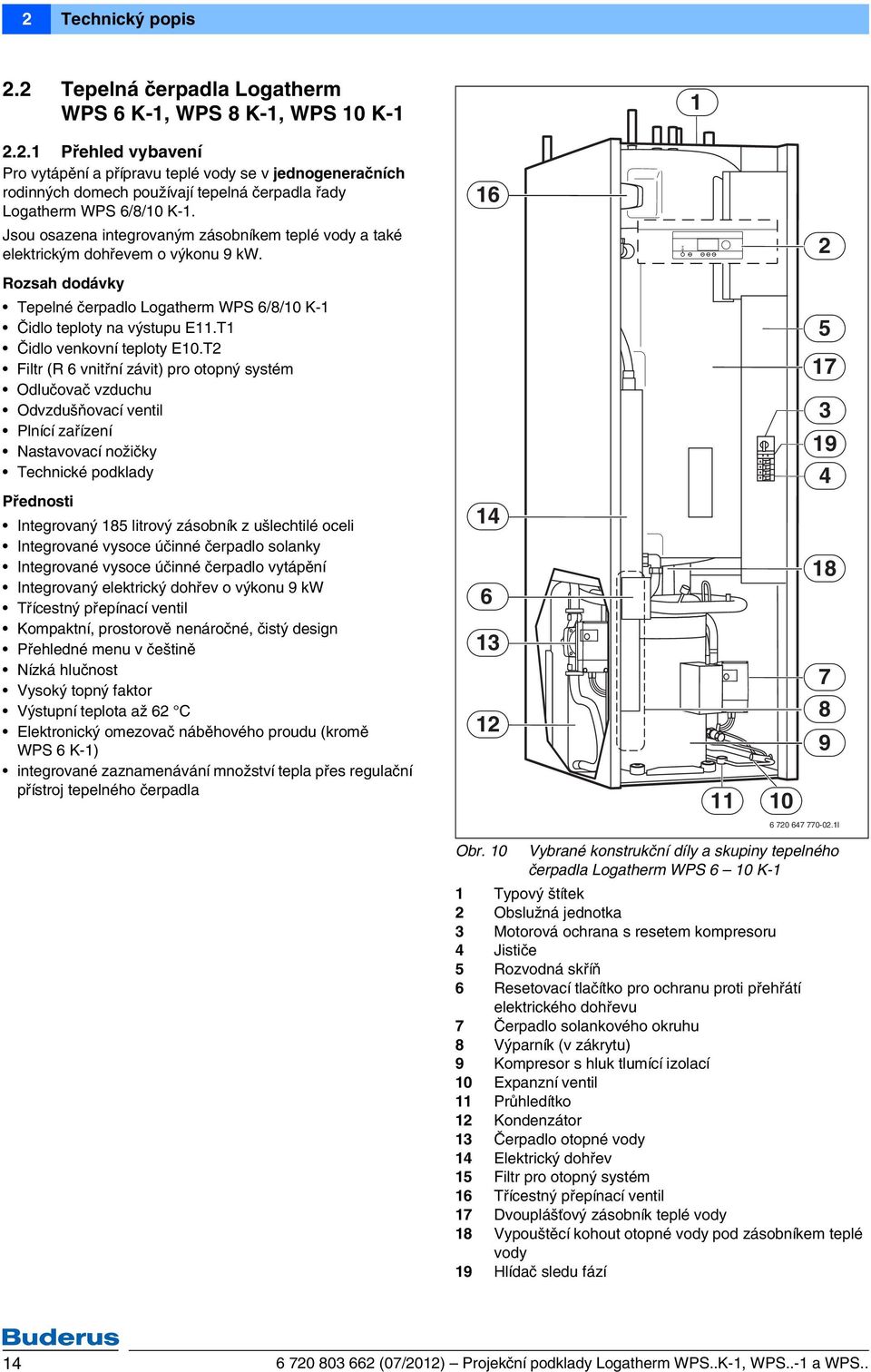 Jsou osazena integrovaným zásobníkem teplé vody a také elektrickým dohřevem o výkonu 9 kw. Rozsah dodávky Tepelné čerpadlo Logatherm WPS /8/0 K- Čidlo teploty na výstupu E.T Čidlo venkovní teploty E0.