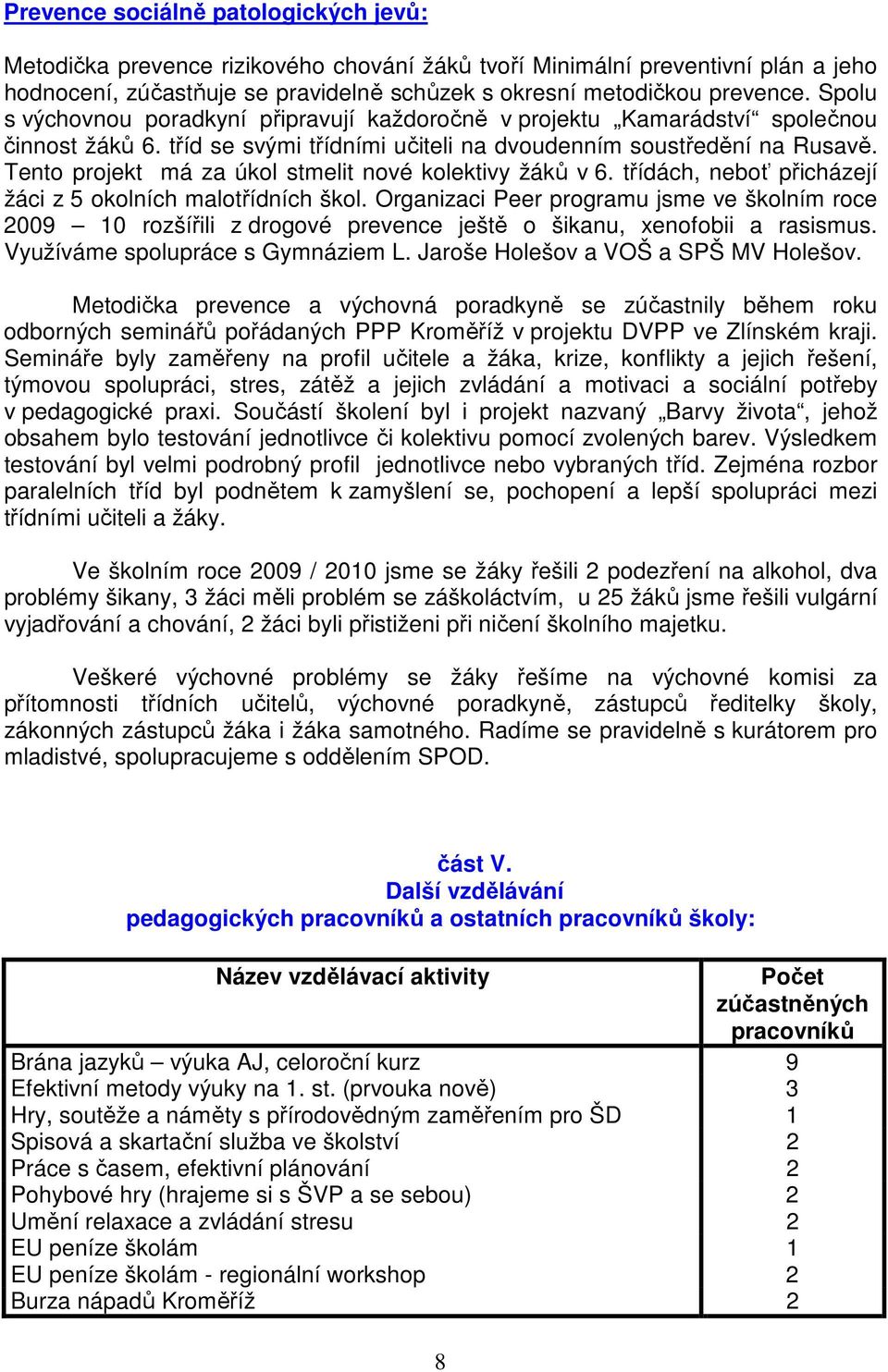 Tento projekt má za úkol stmelit nové kolektivy žáků v 6. třídách, neboť přicházejí žáci z 5 okolních malotřídních škol.