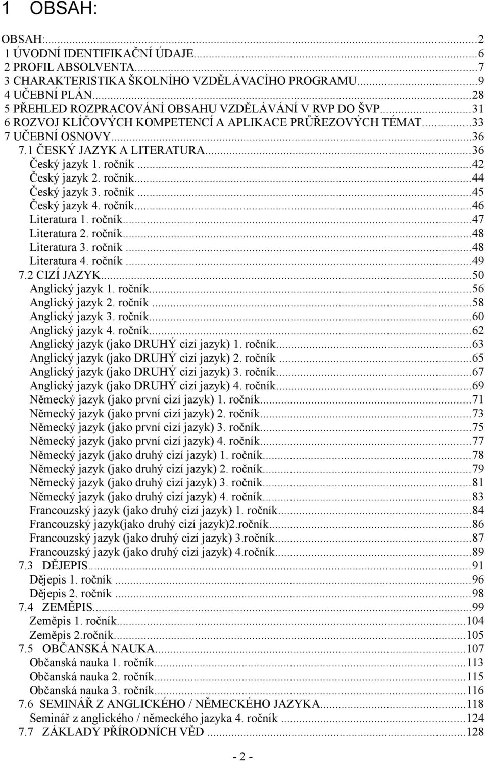 ročník...42 Český jazyk 2. ročník...44 Český jazyk 3. ročník...45 Český jazyk 4. ročník...46 Literatura 1. ročník...47 Literatura 2. ročník...48 Literatura 3. ročník...48 Literatura 4. ročník...49 7.