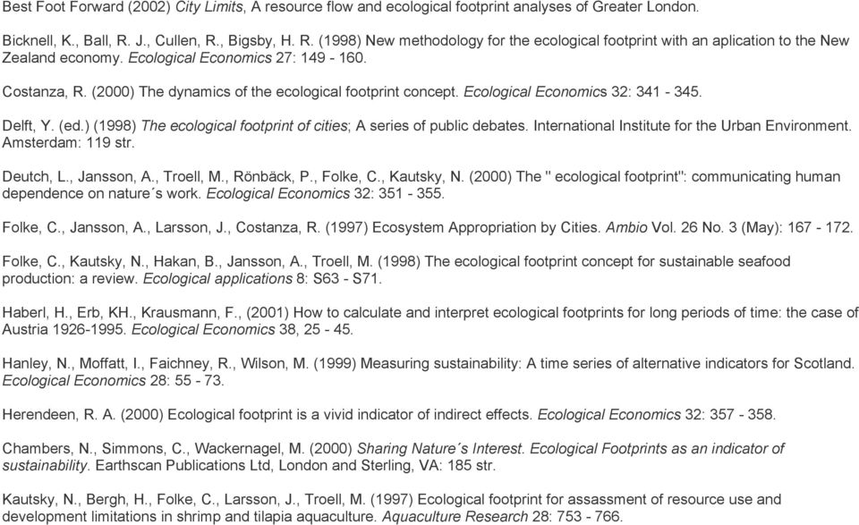 (2000) The dynamics of the ecological footprint concept. Ecological Economics 32: 341-345. Delft, Y. (ed.) (1998) The ecological footprint of cities; A series of public debates.