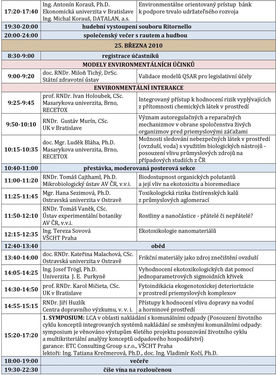 19:30-20:00 hudební vystoupení souboru Ritornello 20:00-24:00 společenský večer s rautem a hudbou Environmentálne orientovaný prístup bánk k podpore trvalo udržateľného rozvoja 25.