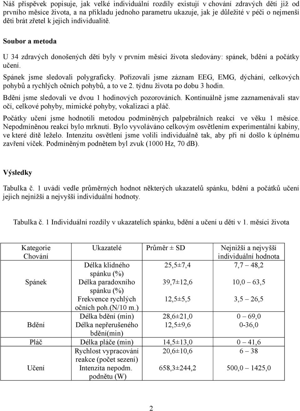 Pořizovali jsme záznam EEG, EMG, dýchání, celkových pohybů a rychlých očních pohybů, a to ve 2. týdnu života po dobu 3 hodin. Bdění jsme sledovali ve dvou 1 hodinových pozorováních.