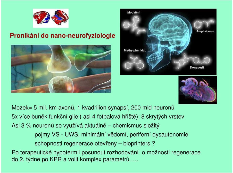 skrytých vrstev Asi 3 % neuronů se využívá aktuálně chemismus složitý pojmy VS - UWS, minimální vědomí,