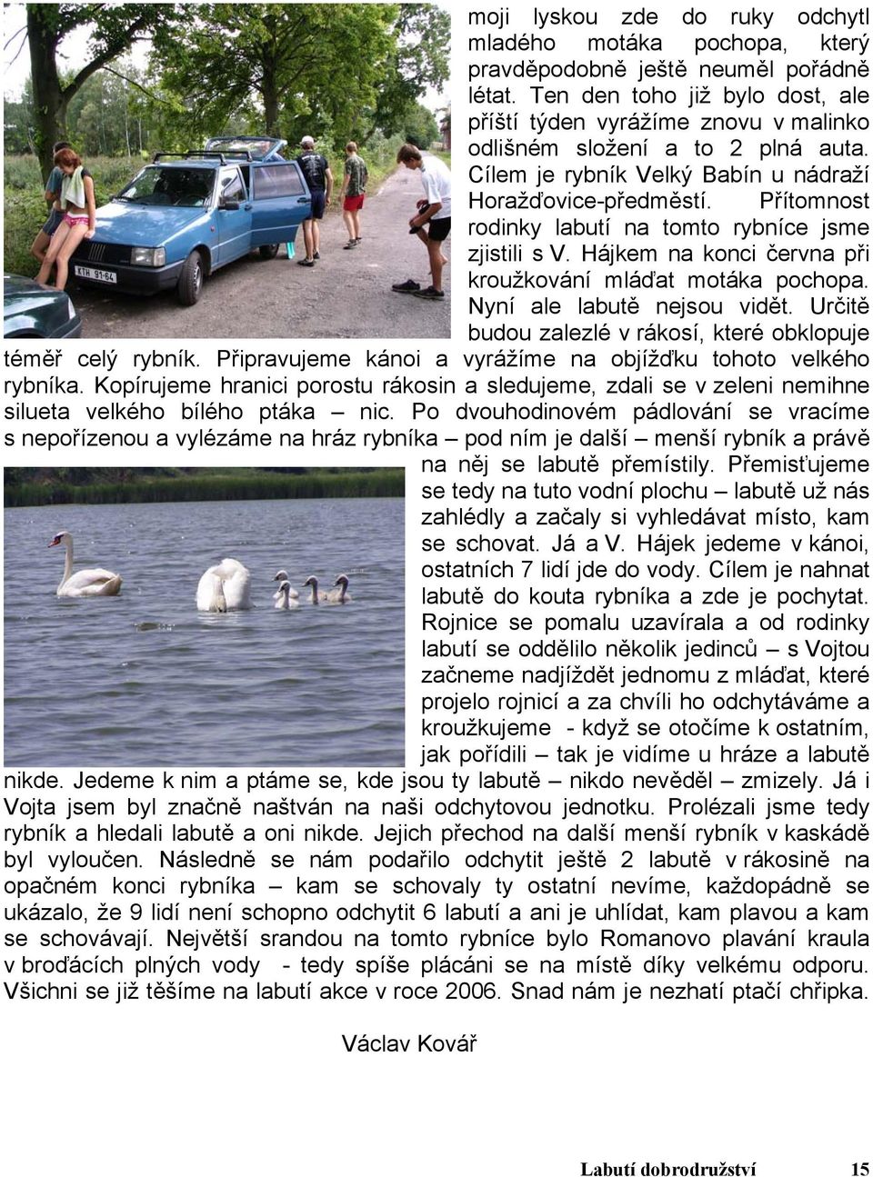 Přítomnost rodinky labutí na tomto rybníce jsme zjistili s V. Hájkem na konci června při kroužkování mláďat motáka pochopa. Nyní ale labutě nejsou vidět.