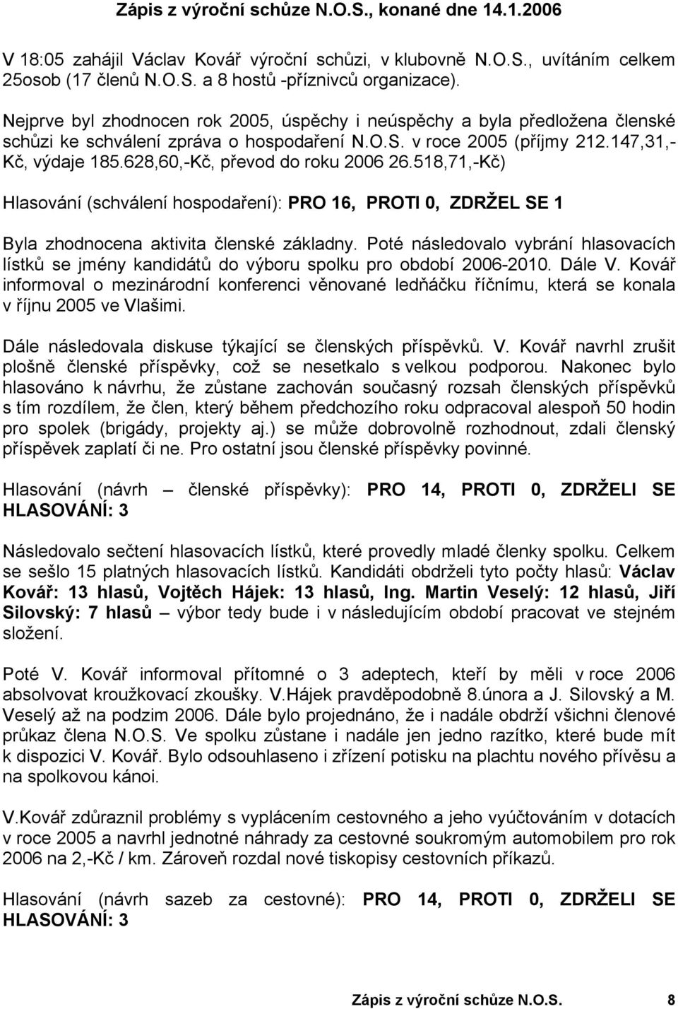 628,60,-Kč, převod do roku 2006 26.518,71,-Kč) Hlasování (schválení hospodaření): PRO 16, PROTI 0, ZDRŽEL SE 1 Byla zhodnocena aktivita členské základny.