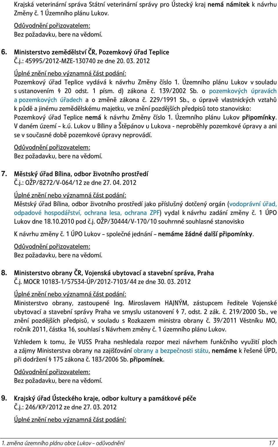 Územního plánu Lukov v souladu s ustanovením 20 odst. 1 písm. d) zákona č. 139/2002 Sb. o pozemkových úpravách a pozemkových úřadech a o změně zákona č. 229/1991 Sb.