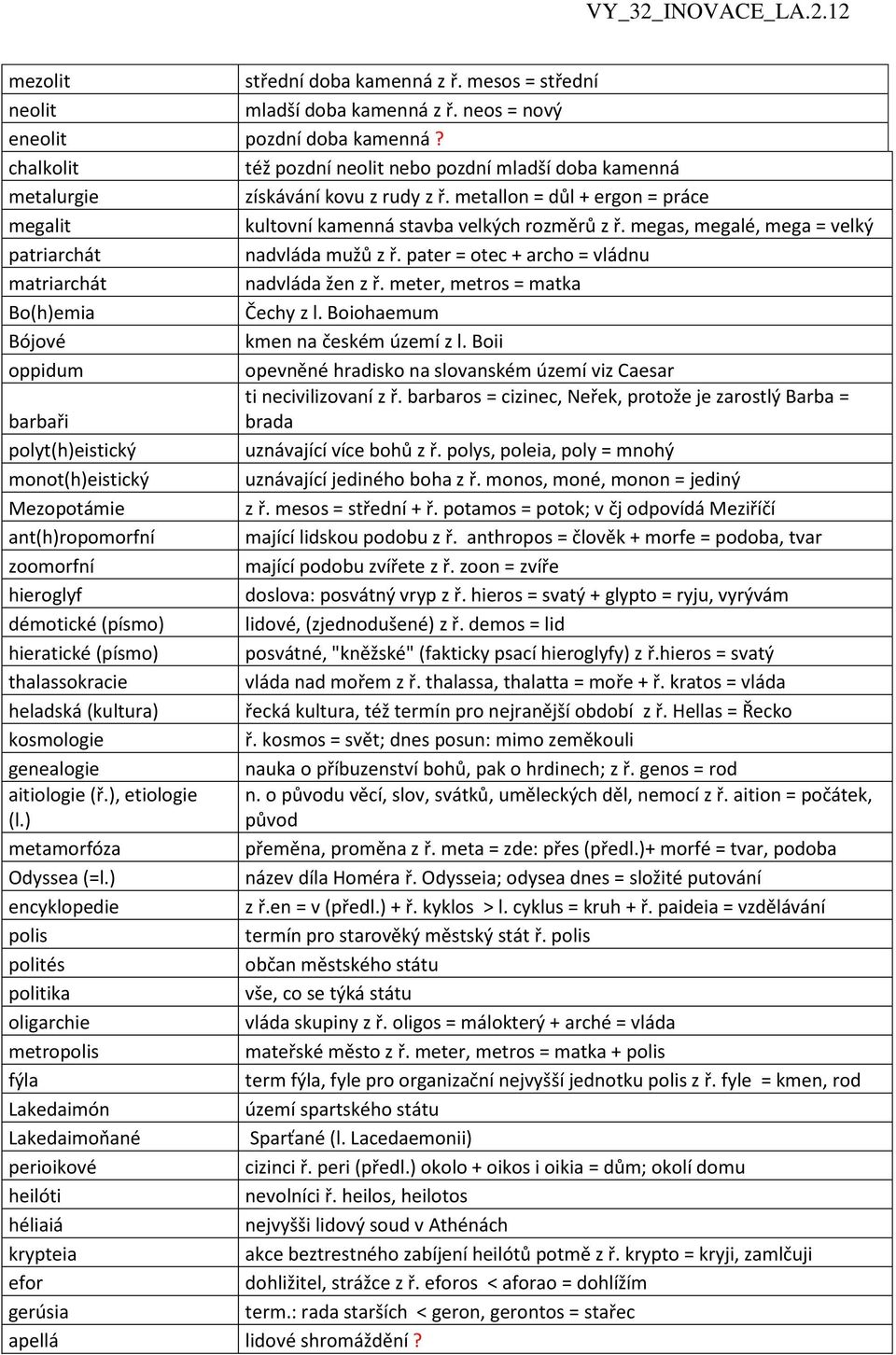 megas, megalé, mega = velký patriarchát nadvláda mužů z ř. pater = otec + archo = vládnu matriarchát nadvláda žen z ř. meter, metros = matka Bo(h)emia Čechy z l.