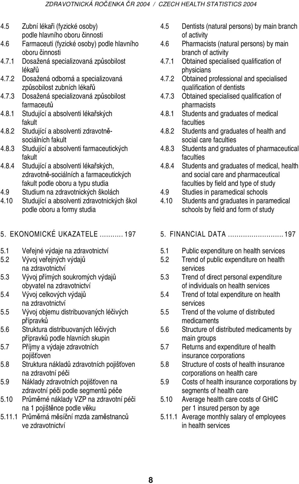 8.4 Studující a absolventi lékařských, zdravotně-sociálních a farmaceutických fakult podle oboru a typu studia 4.9 Studium na zdravotnických školách 4.