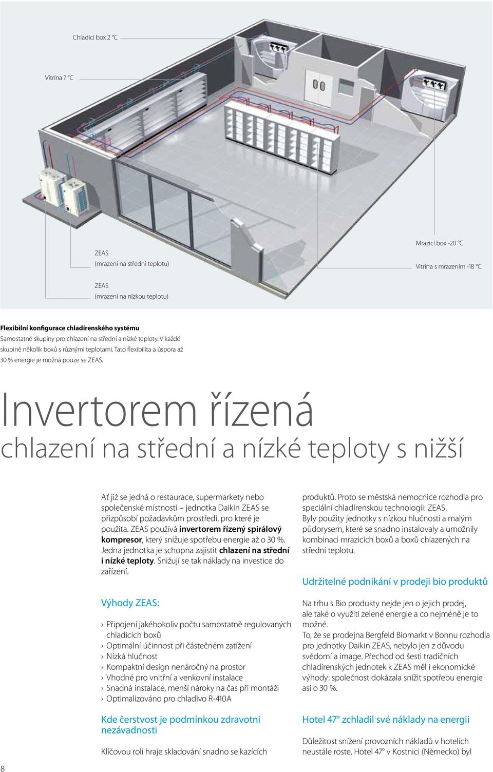 Invertorem řízená chlazení na střední a nízké teploty s nižší Ať již se jedná o restaurace, supermarkety nebo společenské místnosti jednotka Daikin ZEAS se přizpůsobí požadavkům prostředí, pro které