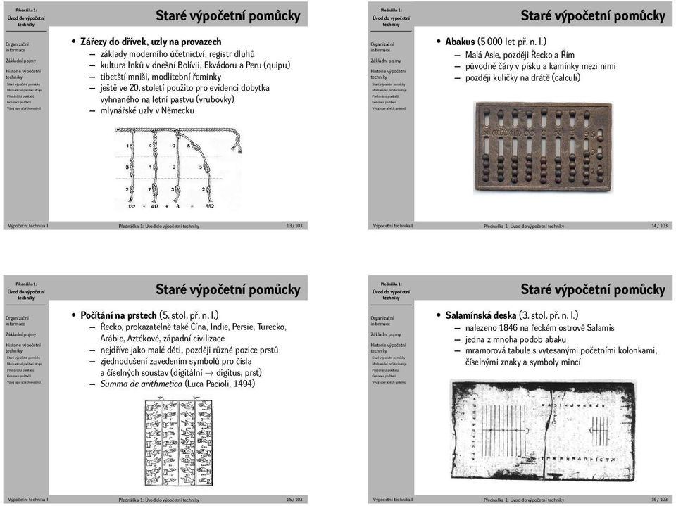 drátě (calculi) Výpočetní technika I 13 / 103 Výpočetní technika I 14 / 103 Počítání na prstech (5 stol př n l) Řecko, prokazatelně také Čína, Indie, Persie, Turecko, Arábie, Aztékové, západní