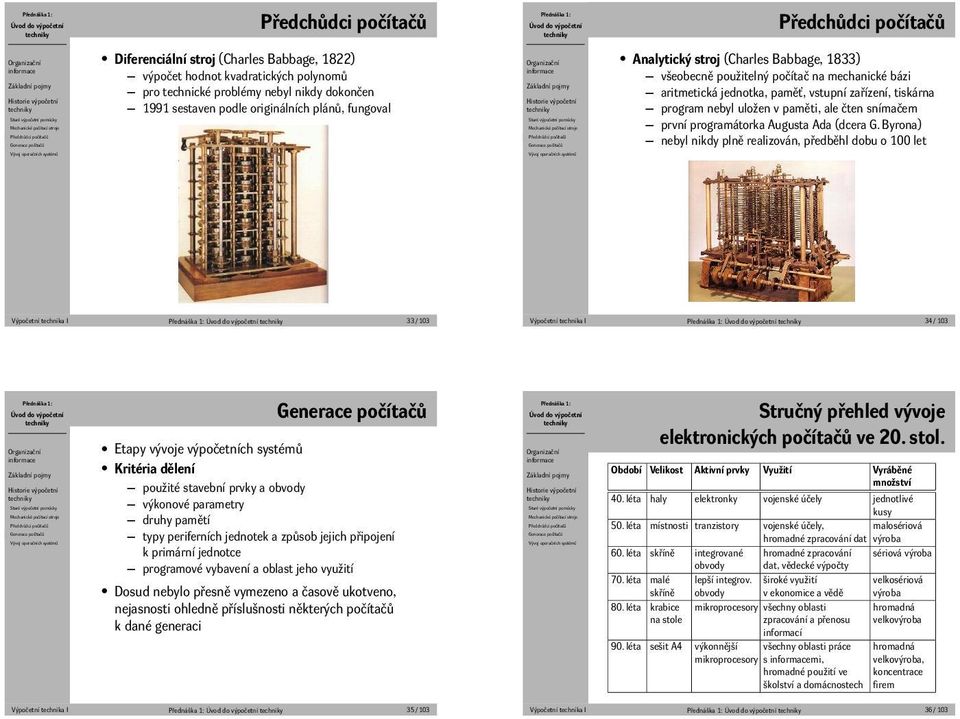 Augusta Ada (dcera G Byrona) nebyl nikdy plně realizován, předběhl dobu o 100 let Výpočetní technika I 33 / 103 Výpočetní technika I 34 / 103 Etapy vývoje výpočetních systémů Kritéria dělení použité