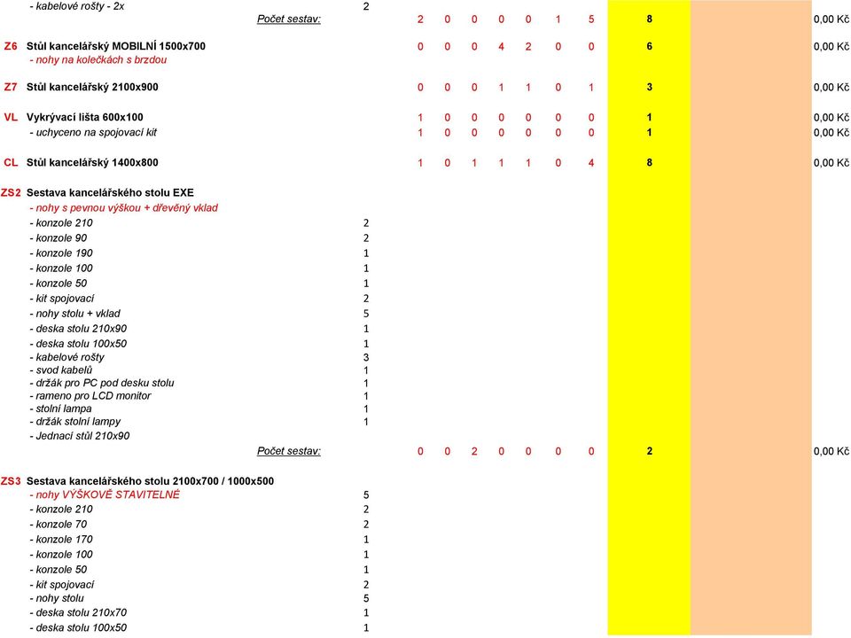 - nohy s pevnou výškou + dřevěný vklad - konzole 210 2 - konzole 90 2 - konzole 190 1 - konzole 100 1 - konzole 50 1 - kit spojovací 2 - nohy stolu + vklad 5 - deska stolu 210x90 1 - deska stolu