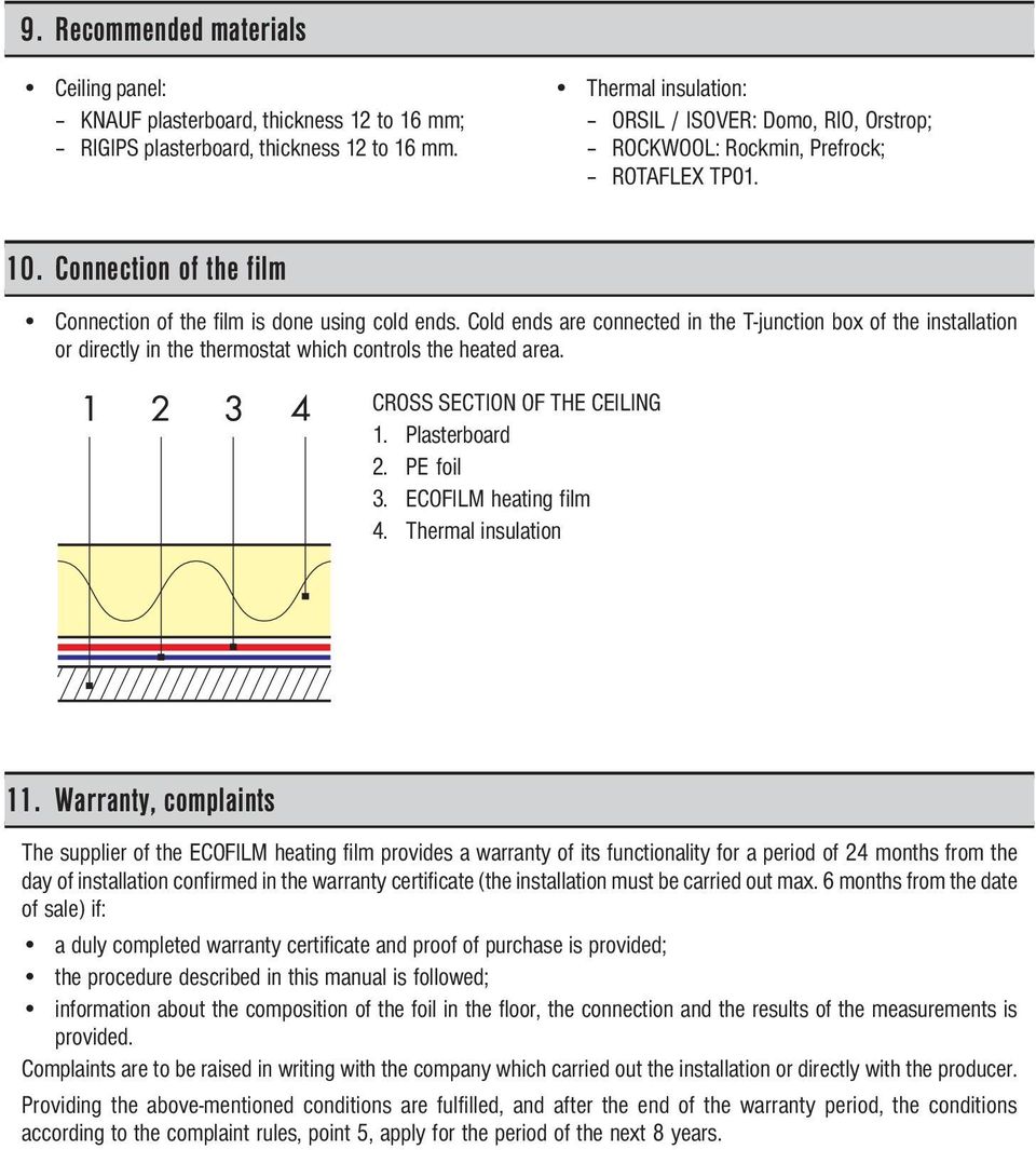 Cold ends are connected in the T-junction box of the installation or directly in the thermostat which controls the heated area. CROSS SECTION OF THE CEILING 1. Plasterboard 2. PE foil 3.