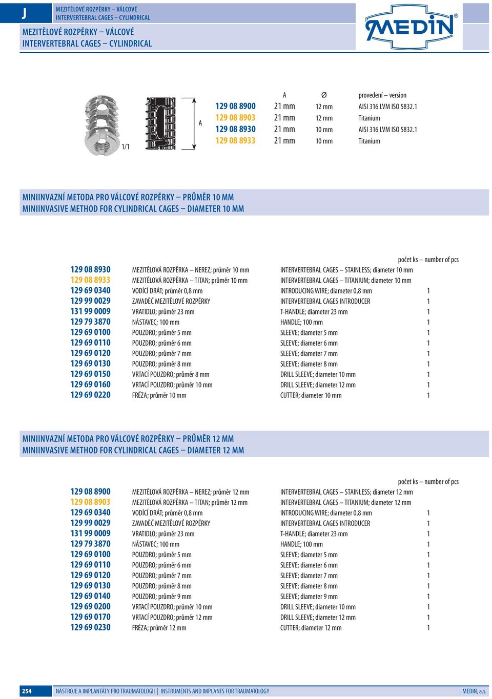 1 129 08 8933 21 mm 10 mm Titanium Miniinvazní metoda pro válcové rozpěrky průměr 10 mm Miniinvasive Method for Cylindrical Cages Diameter 10 mm počet ks number of pcs 129 08 8930 MEZITĚLOVÁ ROZPĚRK