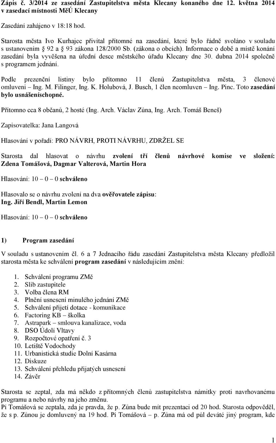 Informace o době a místě konání zasedání byla vyvěšena na úřední desce městského úřadu Klecany dne 30. dubna 2014 společně s programem jednání.