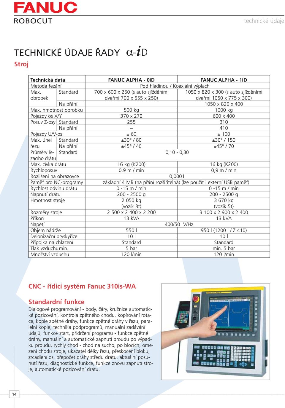 hmotnost obrobku 500 kg 1000 kg Pojezdy os X/Y 370 x 270 600 x 400 Posuv Z-osy Standard 255 310 Na přání 410 Pojezdy U/V-os ± 60 ± 100 Max.