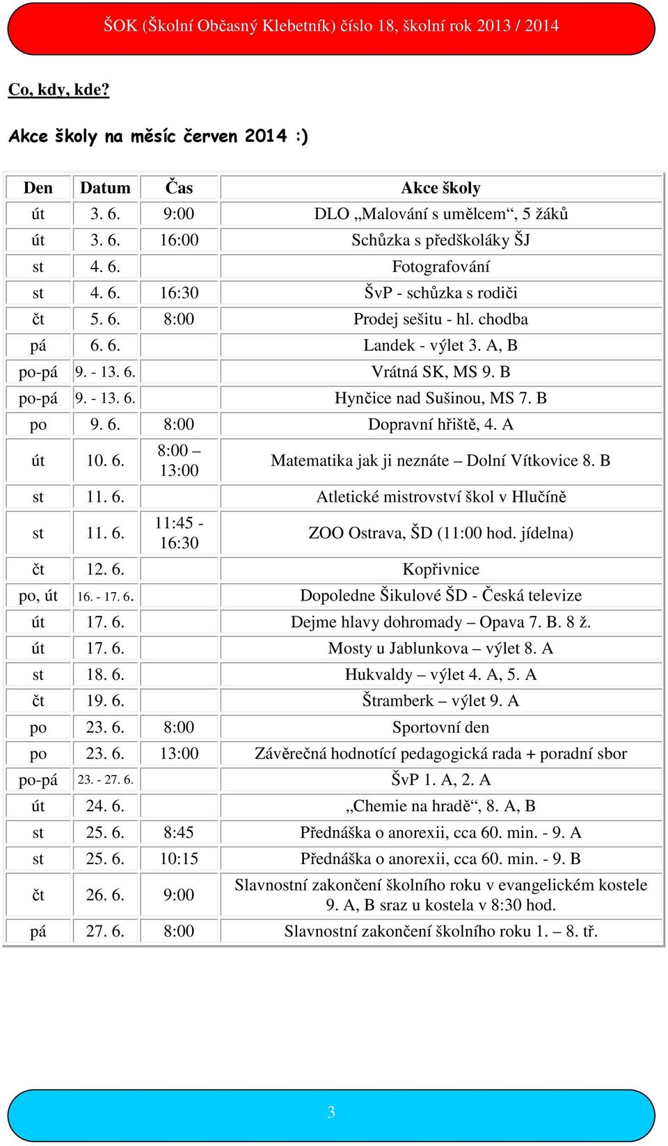 B st 11. 6. Atletické mistrovství škol v Hlučíně st 11. 6. 11:45-16:30 ZOO Ostrava, ŠD (11:00 hod. jídelna) čt 12. 6. Kopřivnice po, út 16. - 17. 6. Dopoledne Šikulové ŠD - Česká televize út 17. 6. Dejme hlavy dohromady Opava 7.