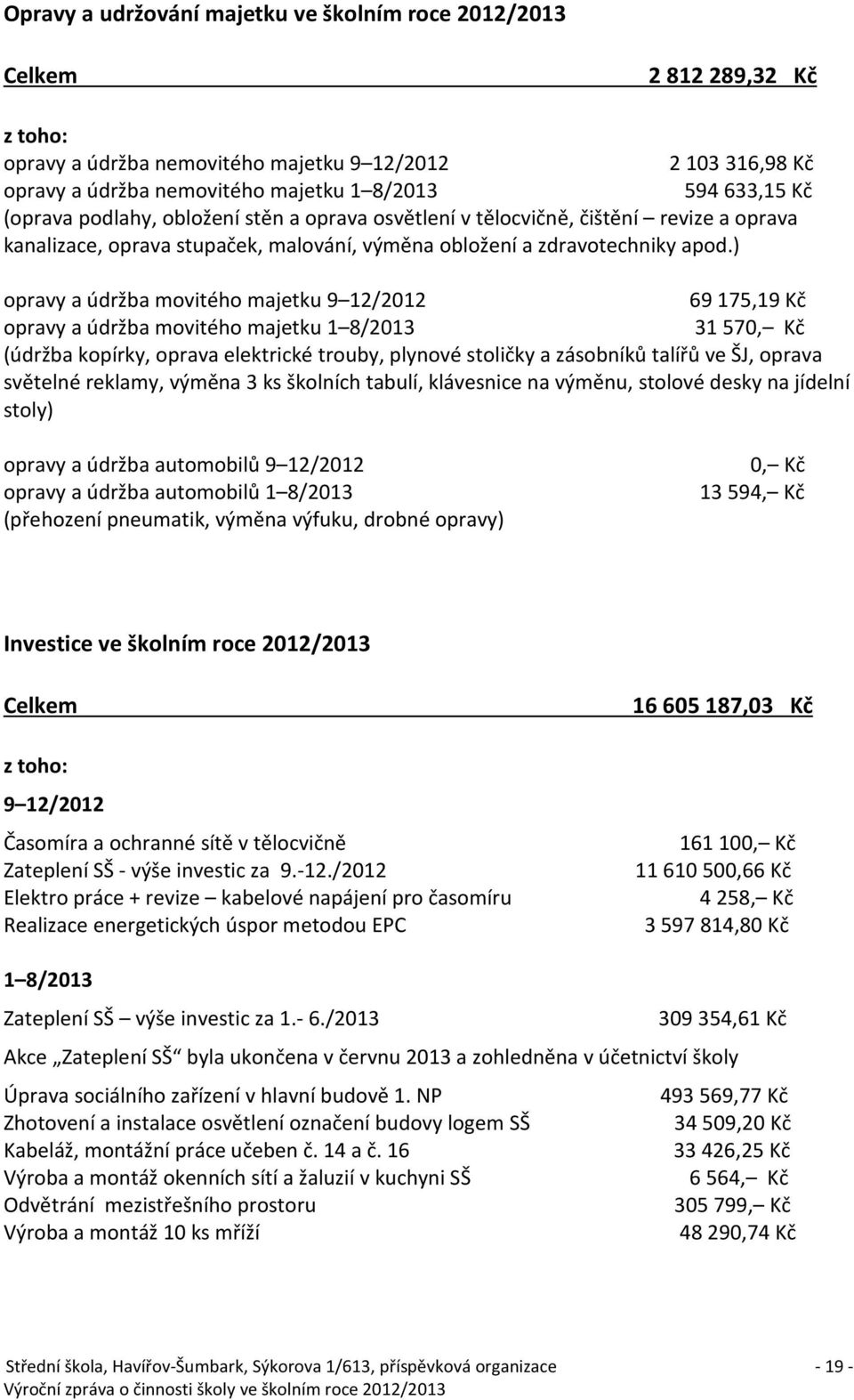 ) opravy a údržba movitého majetku 9 12/2012 69175,19 Kč opravy a údržba movitého majetku 1 8/2013 31 570, Kč (údržba kopírky, oprava elektrické trouby, plynové stoličky a zásobníků talířů ve ŠJ,