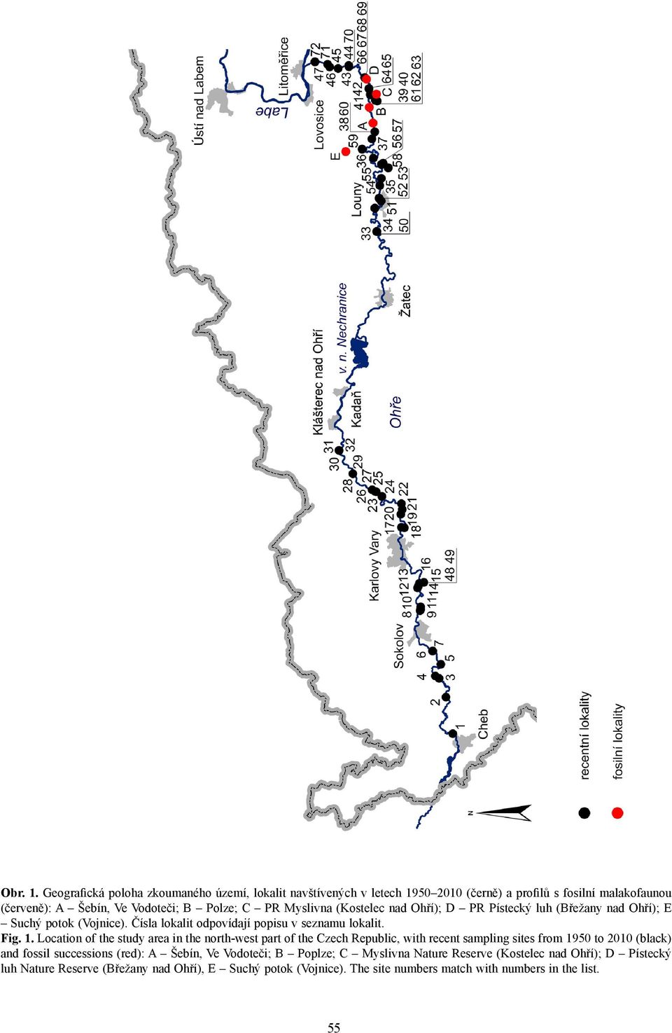 Myslivna (Kostelec nad Ohří); D PR Pístecký luh (Břežany nad Ohří); E Suchý potok (Vojnice). Čísla lokalit odpovídají popisu v seznamu lokalit. Fig. 1.