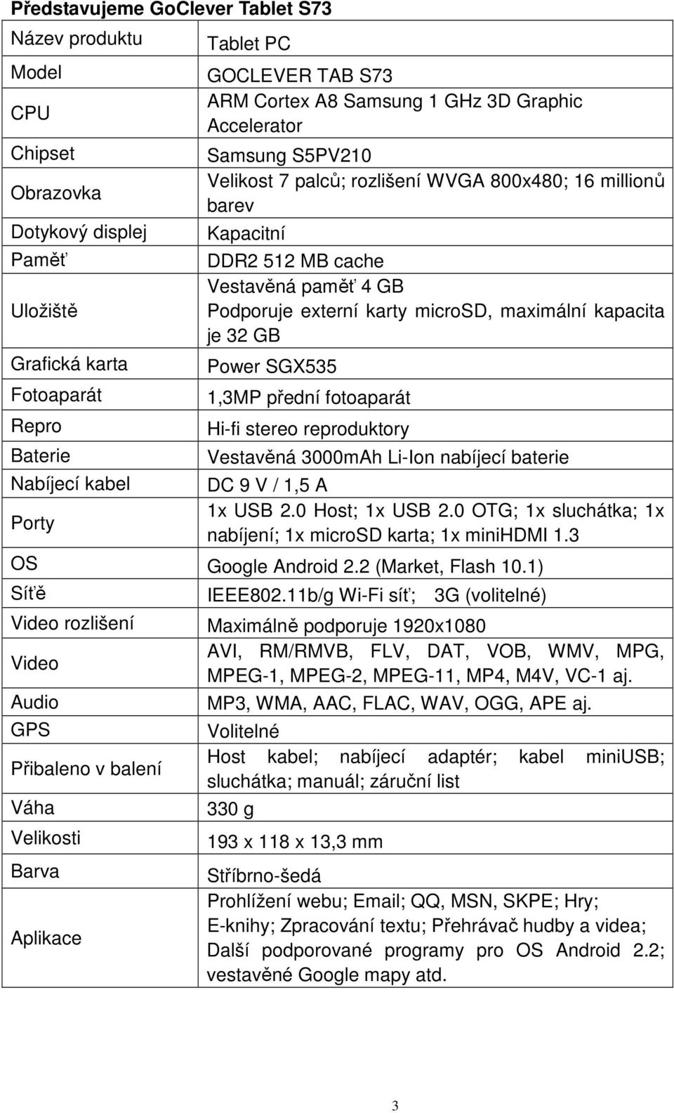 microsd, maximální kapacita je 32 GB Power SGX535 1,3MP přední fotoaparát Hi-fi stereo reproduktory Vestavěná 3000mAh Li-Ion nabíjecí baterie DC 9 V / 1,5 A 1x USB 2.0 Host; 1x USB 2.