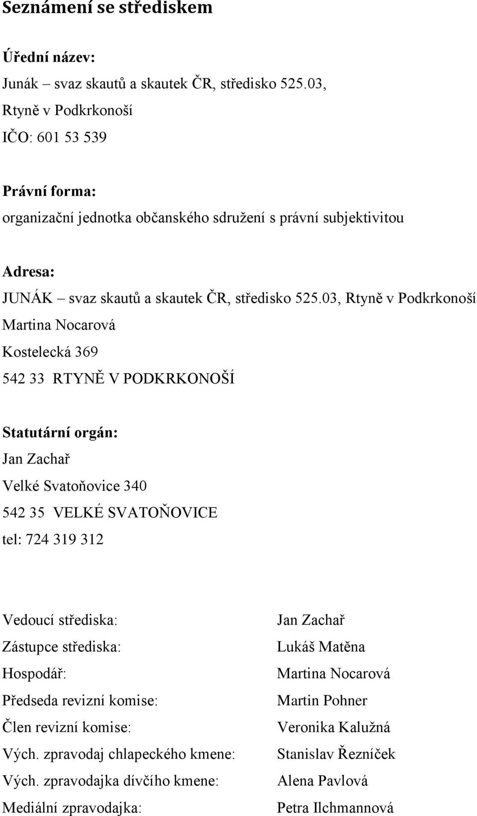 03, Rtyně v Podkrkonoší Martina Nocarová Kostelecká 369 542 33 RTYNĚ V PODKRKONOŠÍ Statutární orgán: Jan Zachař Velké Svatoňovice 340 542 35 VELKÉ SVATOŇOVICE tel: 724 319 312 Vedoucí