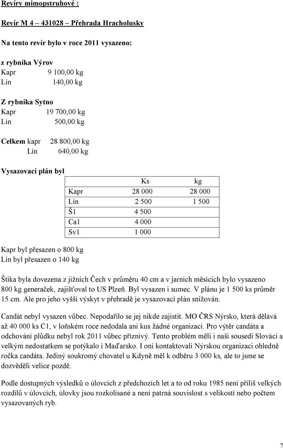 40 cm a v jarních měsících bylo vysazeno 800 generaček, zajišťoval to US Plzeň. Byl vysazen i sumec. V plánu je 1 500 ks průměr 15 cm. Ale pro jeho vyšší výskyt v přehradě je vysazovací plán snižován.