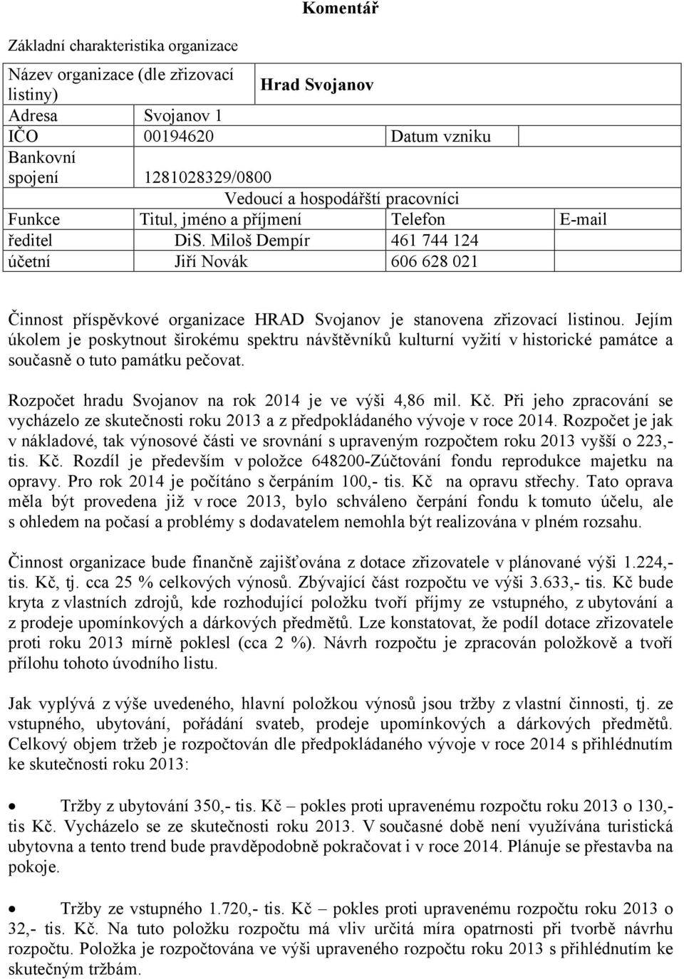 Miloš Dempír 461 744 124 účetní Jiří Novák 606 628 021 Činnost příspěvkové organizace HRAD Svojanov je stanovena zřizovací listinou.
