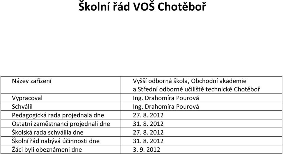 Drahomíra Pourová Pedagogická rada projednala dne 27. 8. 2012 Ostatní zaměstnanci projednali dne 31.