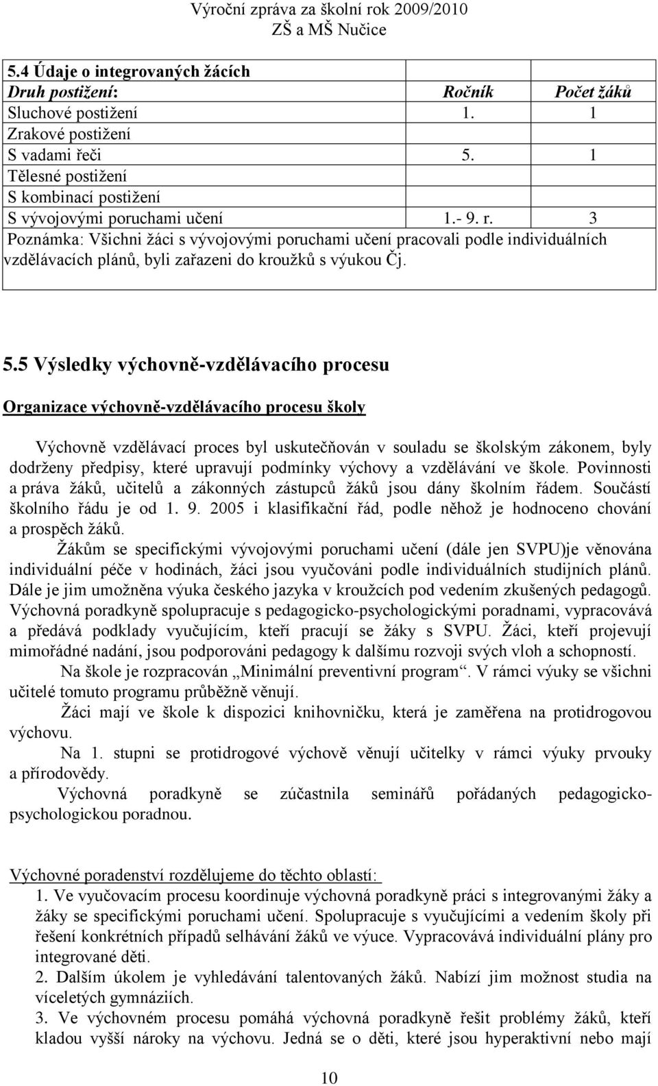 5 Výsledky výchovně-vzdělávacího procesu Organizace výchovně-vzdělávacího procesu školy Výchovně vzdělávací proces byl uskutečňován v souladu se školským zákonem, byly dodrženy předpisy, které