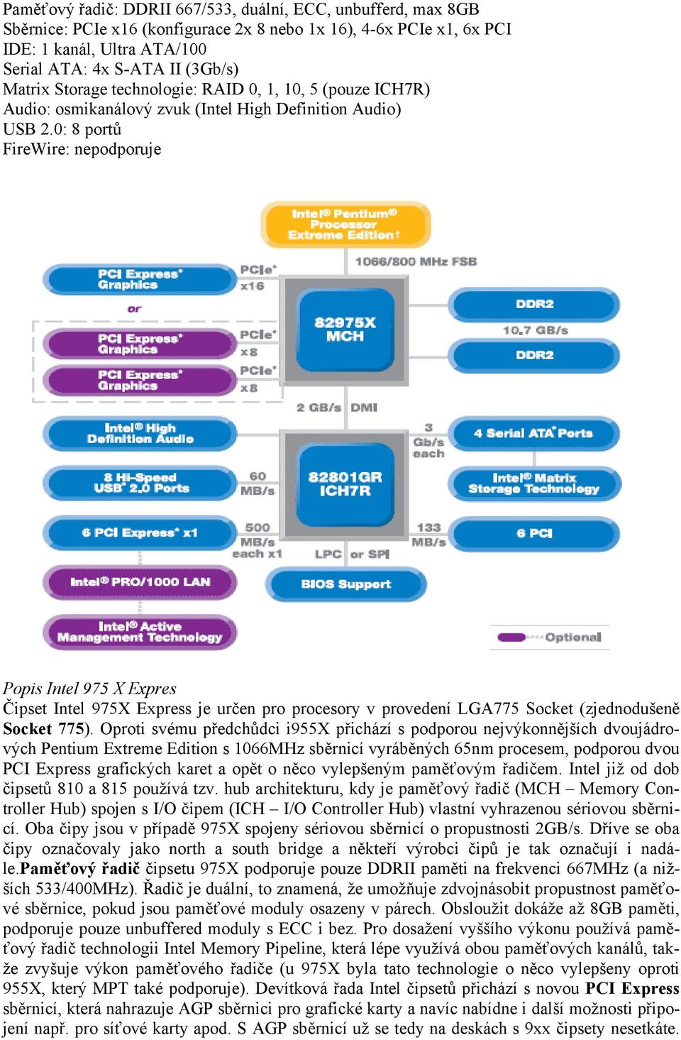 0: 8 portů FireWire: nepodporuje Popis Intel 975 X Expres Čipset Intel 975X Express je určen pro procesory v provedení LGA775 Socket (zjednodušeně Socket 775).