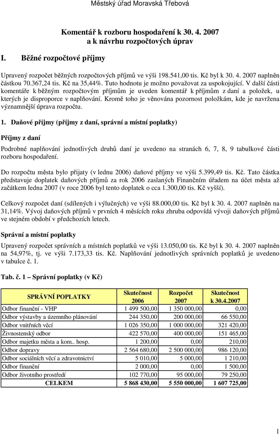 V další části komentáře k běžným rozpočtovým příjmům je uveden komentář k příjmům z daní a položek, u kterých je disproporce v naplňování.