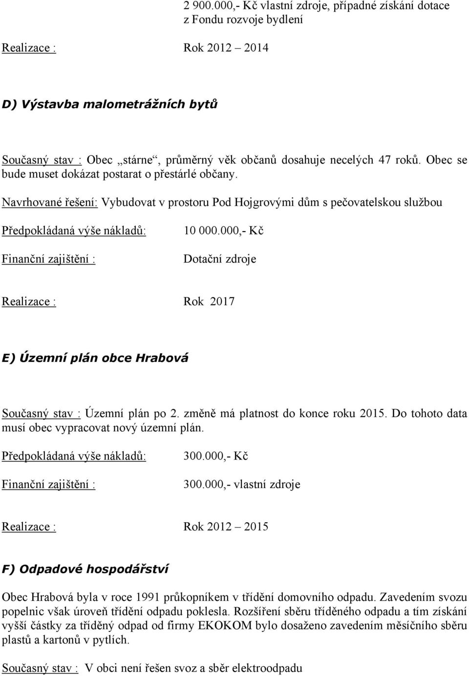 Obec se bude muset dokázat postarat o přestárlé občany. Navrhované řešení: Vybudovat v prostoru Pod Hojgrovými dům s pečovatelskou službou Předpokládaná výše nákladů: 10 000.