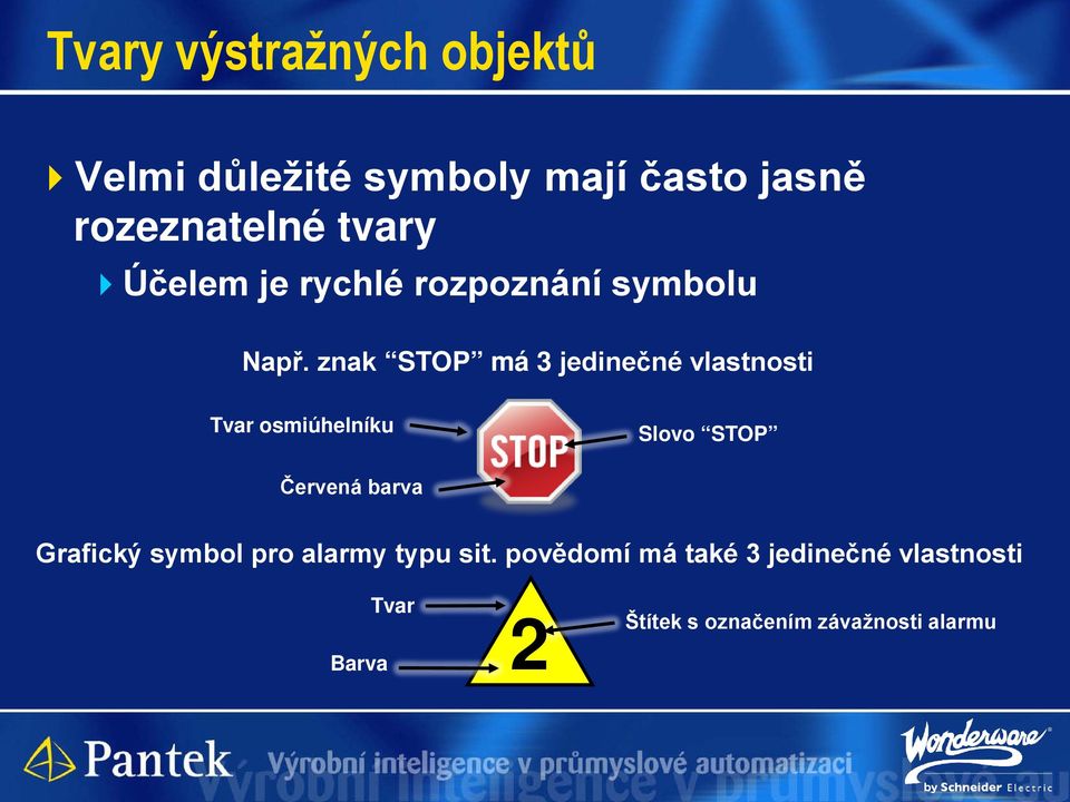 znak STOP má 3 jedinečné vlastnosti Tvar osmiúhelníku Slovo STOP Červená barva